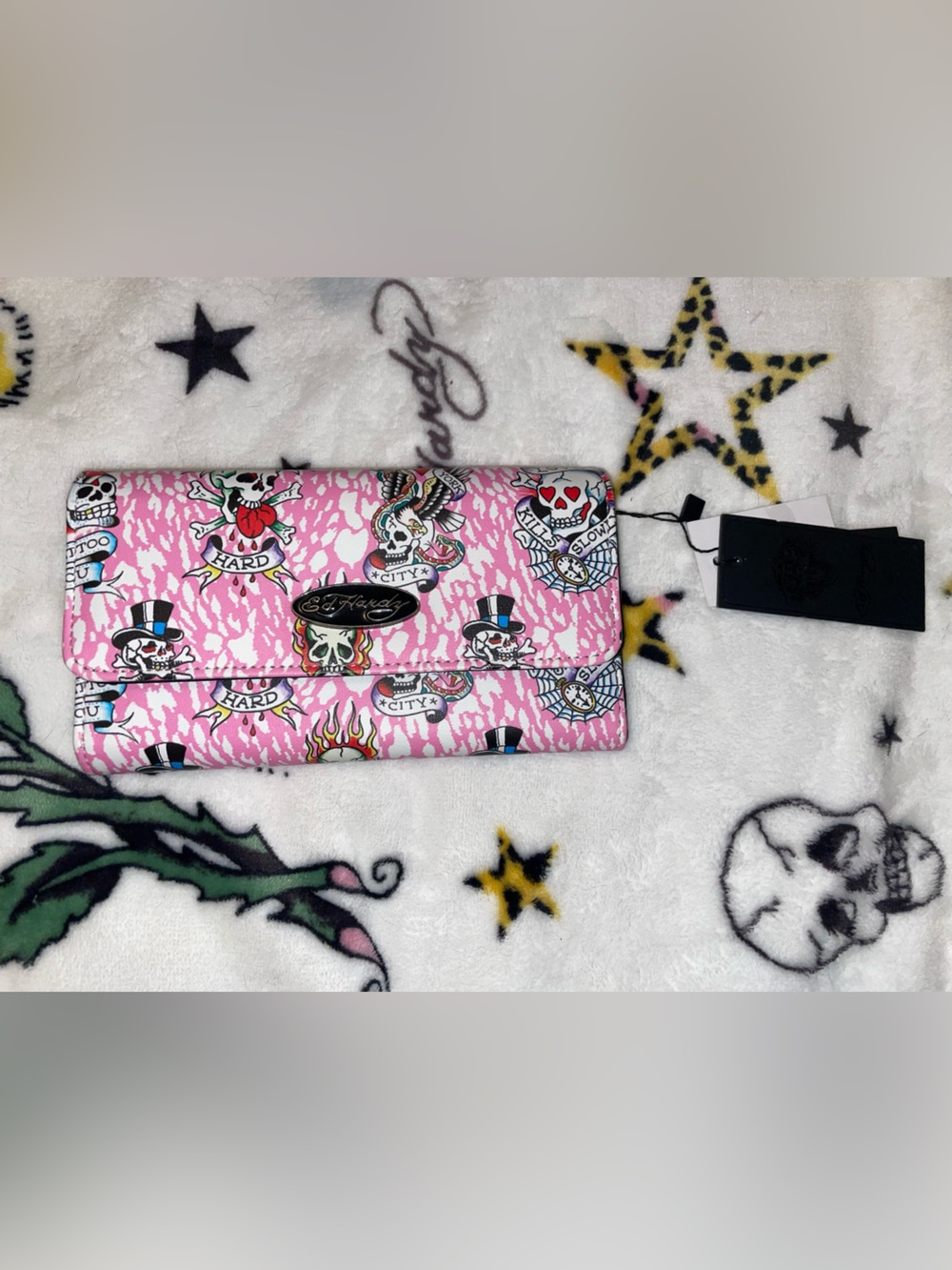 Ed Hardy Pink and White Skull Wallet